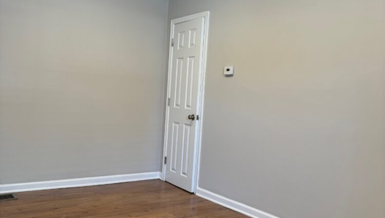 Empty room with a closed door and wood floor.